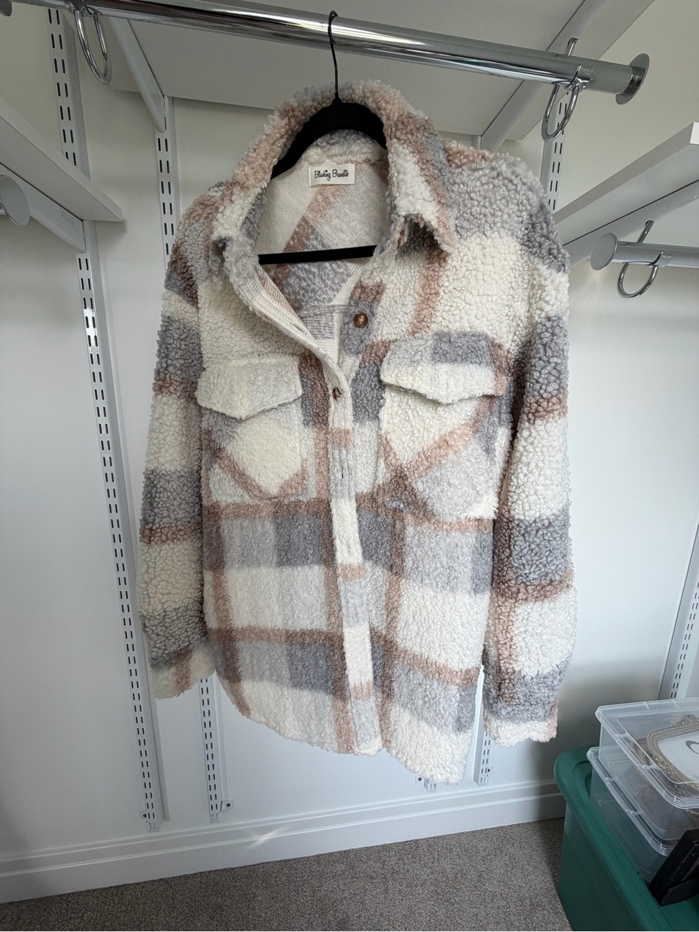 Cozy Teddy Plaid Jacket in Cream, Gray & Tan - Button-Front Sherpa Shacket